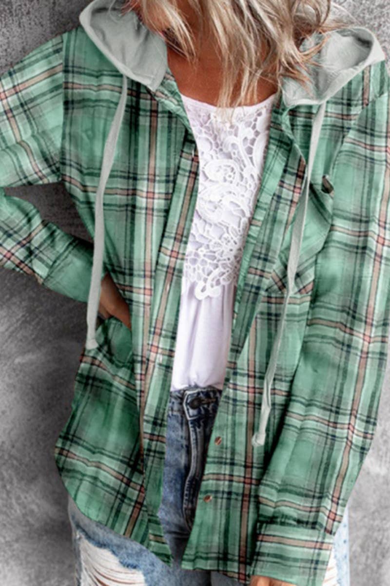 CWTSTL2118_WINTER HOODED PLAID BUTTON-DOWN SHIRT TOP COAT