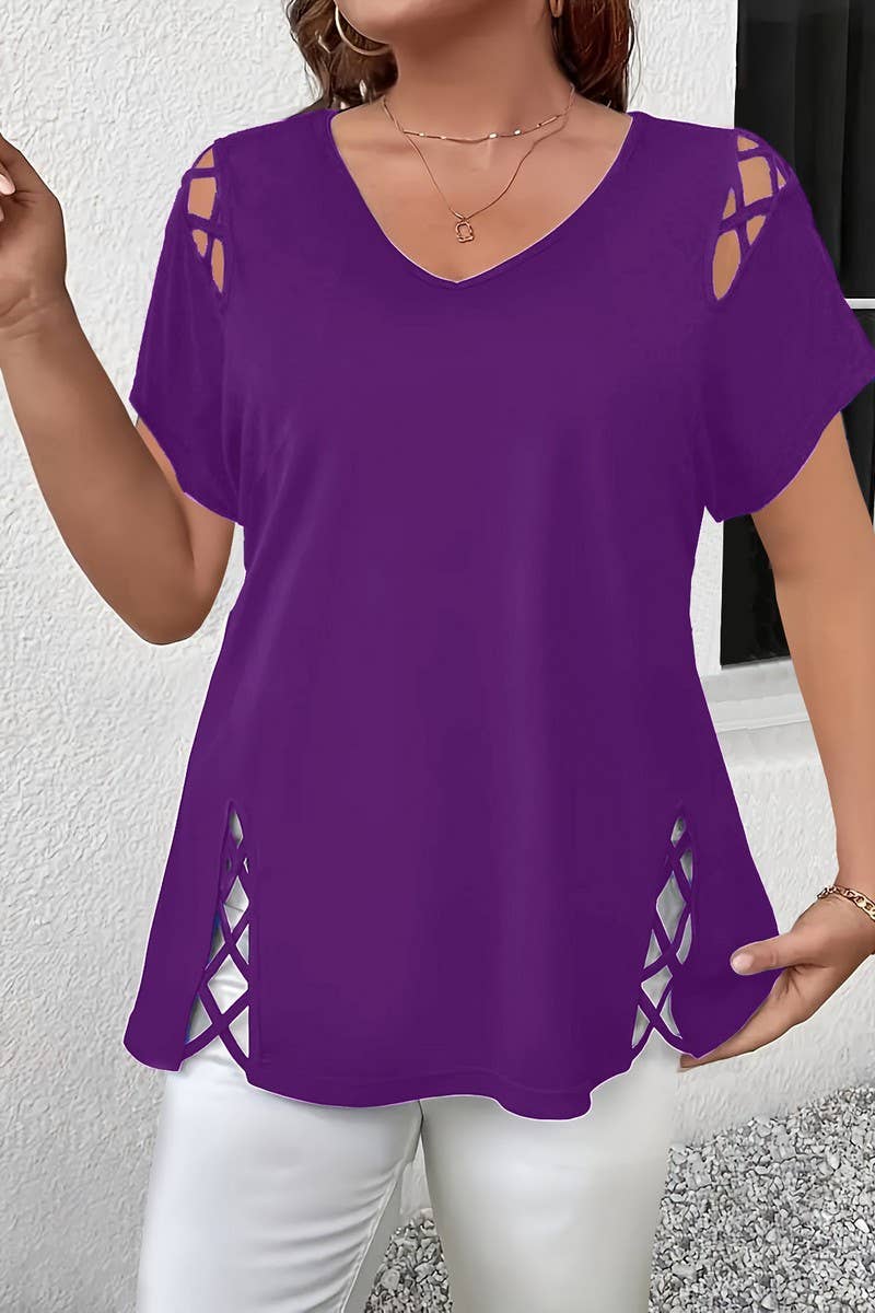 CWTBLS2188_SOLID V-NECK CRISSCROSS SHORT SLEEVE T-SHIRT