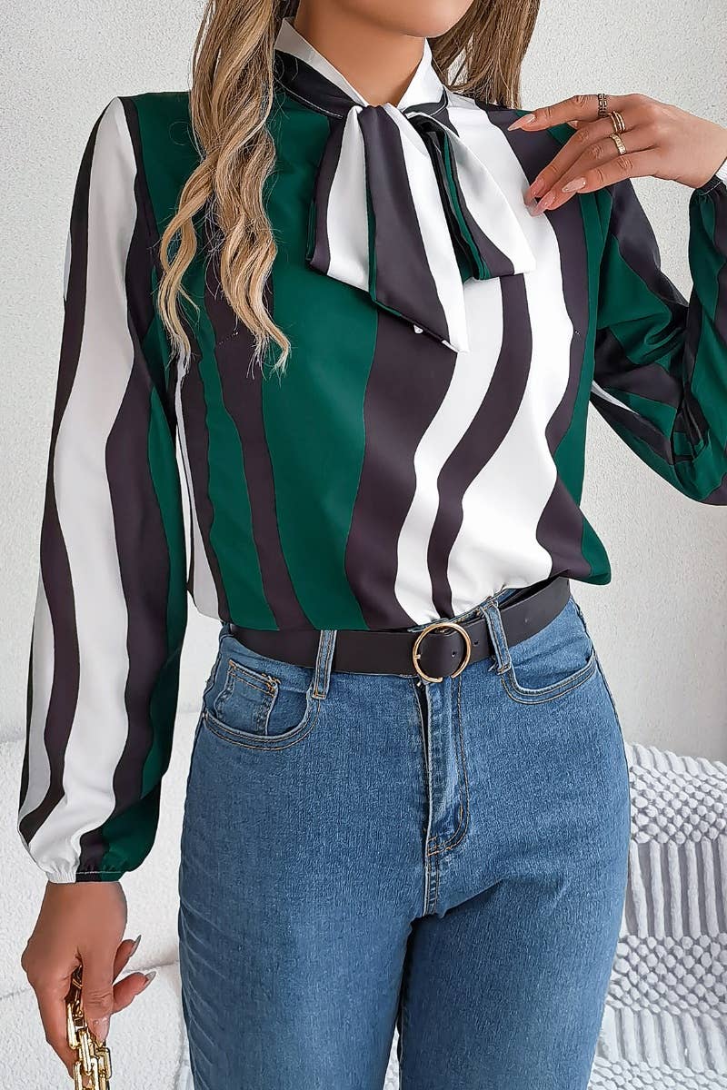 CWTSTL1207_LONG SLEEVE STRIPED LACE-UP CHIFFON SHIRT TOP