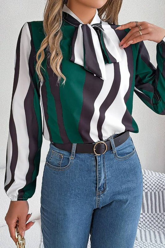 CWTSTL1207_LONG SLEEVE STRIPED LACE-UP CHIFFON SHIRT TOP