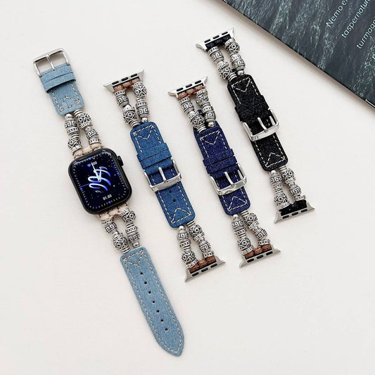IWATCH9-1 TIBETAN SILVER DENIM LEATHER STRAP