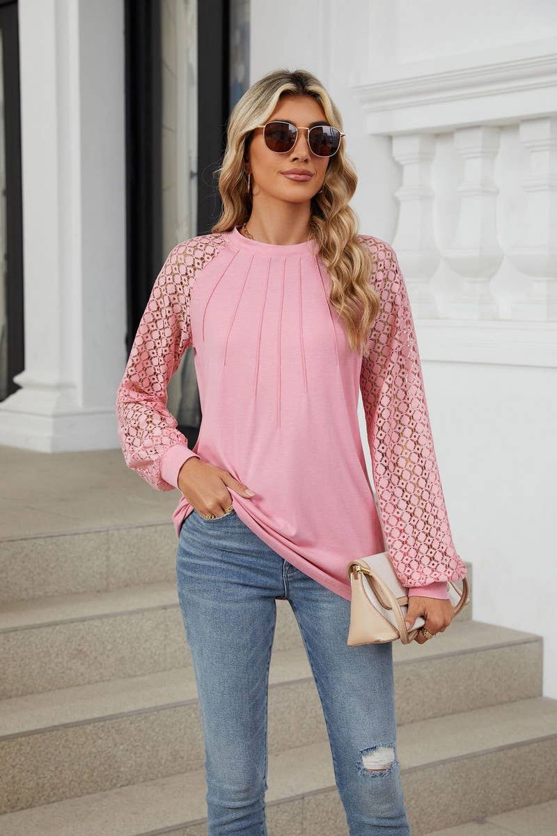 CWTBLL2349_AUTUMN AND WINTER ROUND NECK LACE CASUAL T-SHIRT