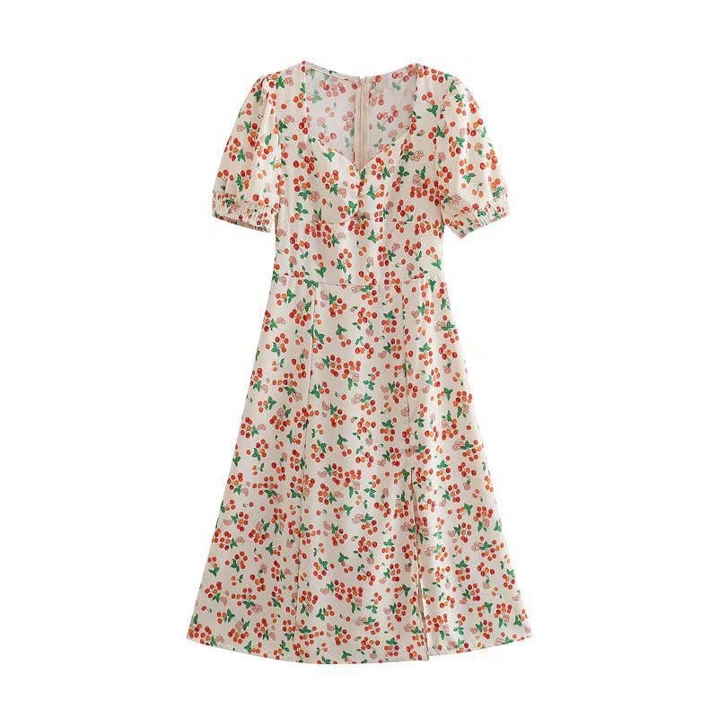 FRENCH CHERRY PRINT SHORT SLEEVE SPLIT DRESS