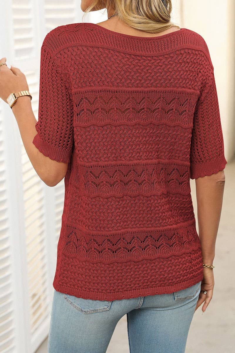 CWOSWS0128_CREW NECK HOLLOW KNIT CROCHET SHORT SLEEVE TOP