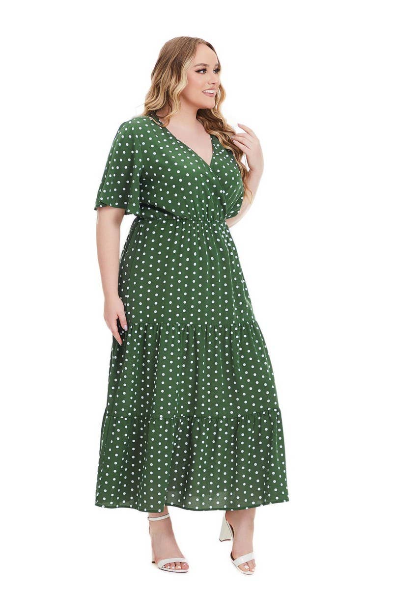 CWDMD3210_PLUS SIZE V-NECK POLKA DOT SHORT SLEEVE DRESS