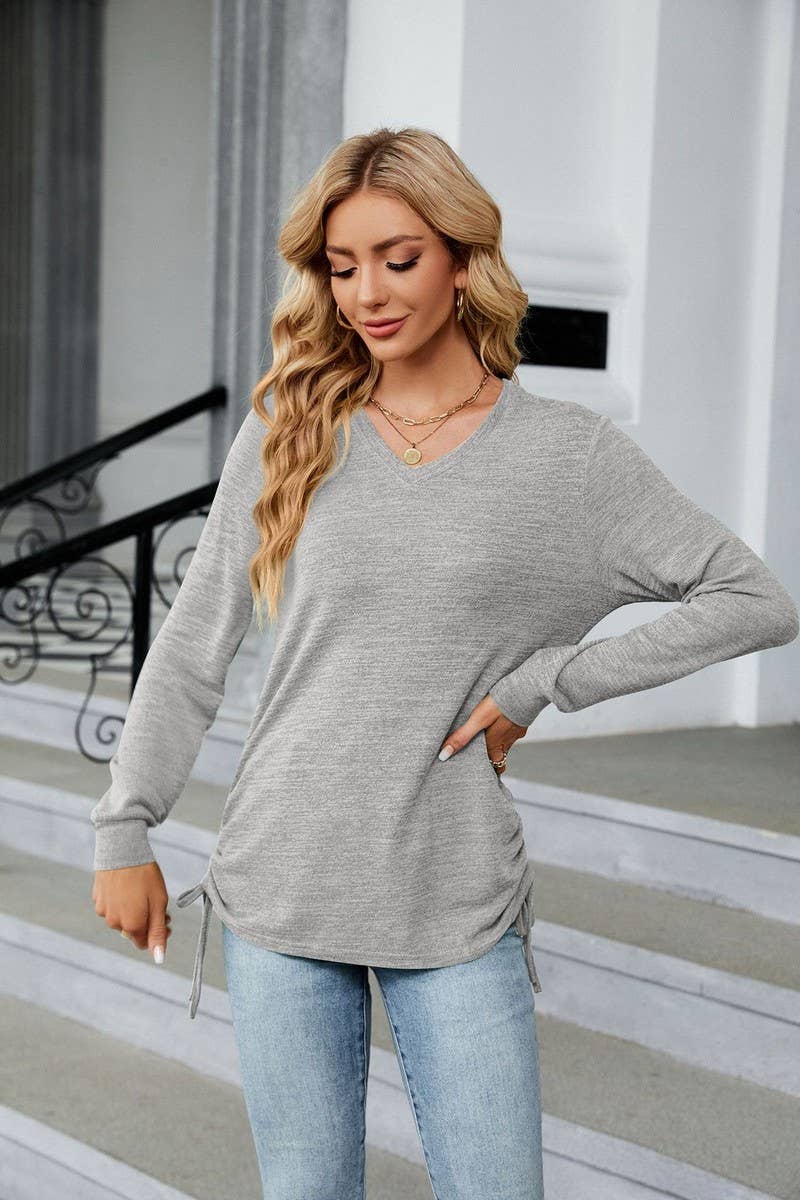 CWTBLL3662_WOMEN'S V-NECK PLEATED LONG SLEEVED LOOSE T-SHIRT