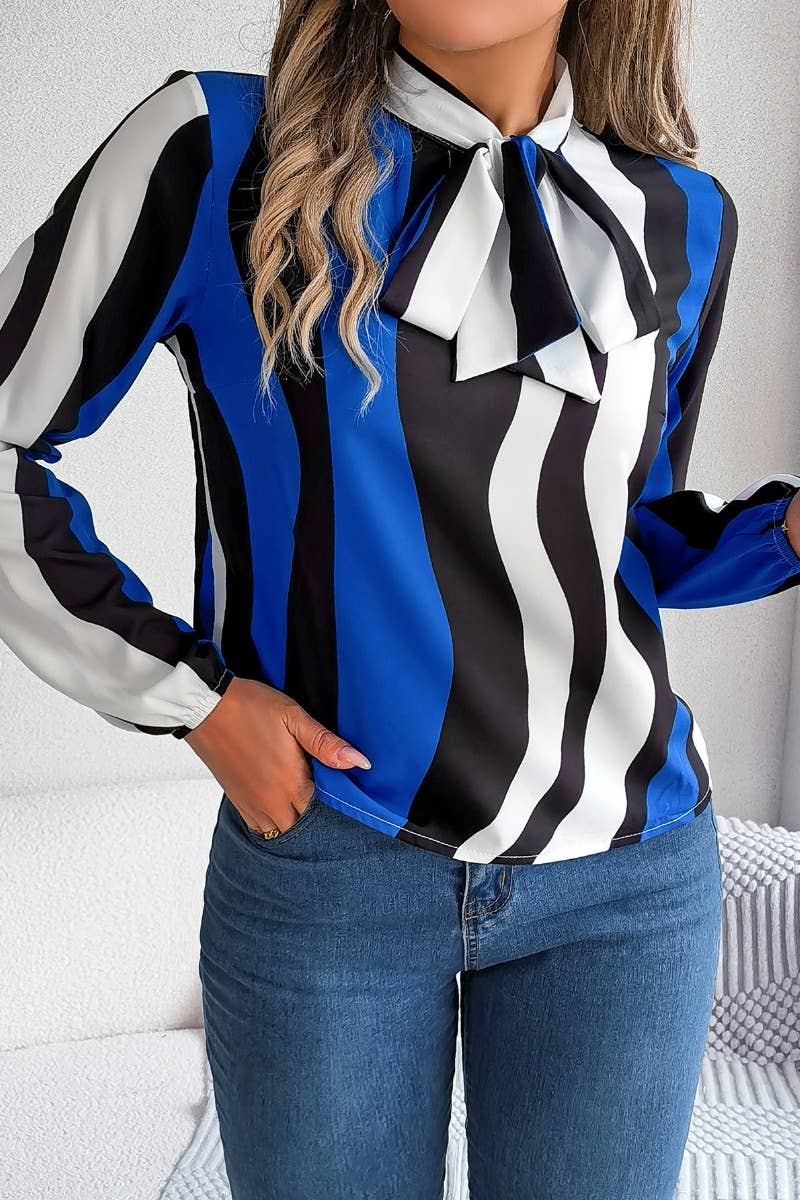 CWTSTL1207_LONG SLEEVE STRIPED LACE-UP CHIFFON SHIRT TOP