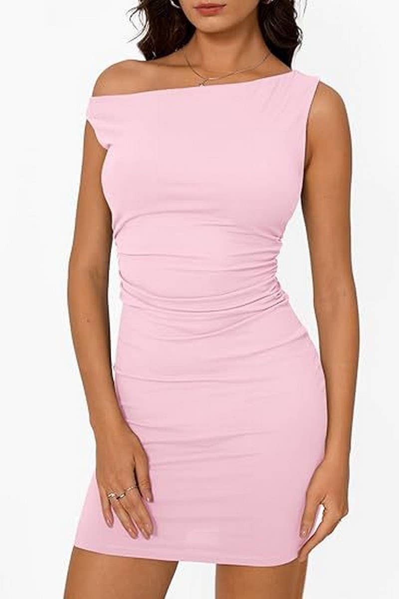 CWDSD8806_OFF-THE-SHOULDER SLEEVELESS WAIST-PLEATED DRESS