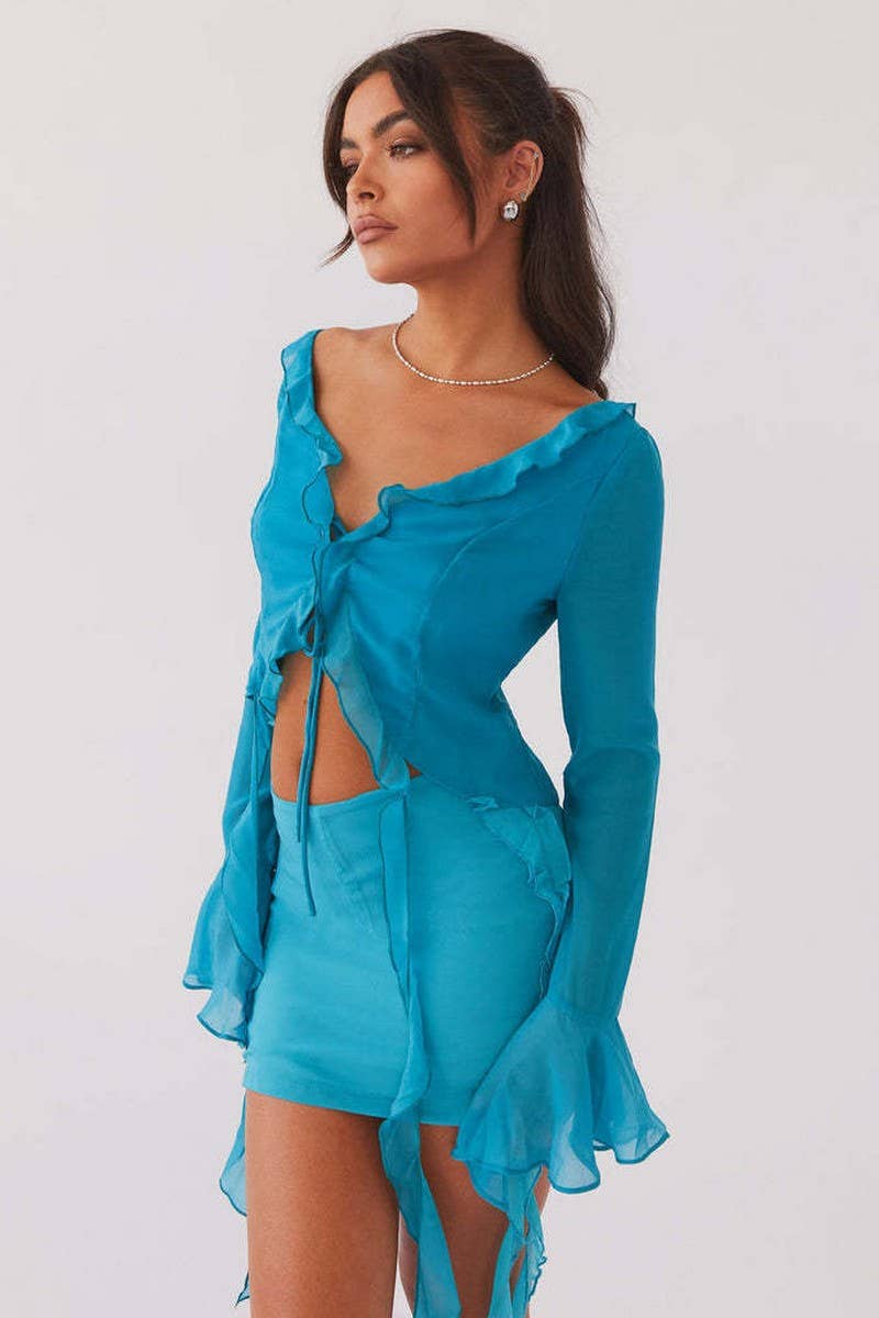 CWSTB2031_RUFFLE FRINGE LONG SLEEVE BODYCON SKIRT SET