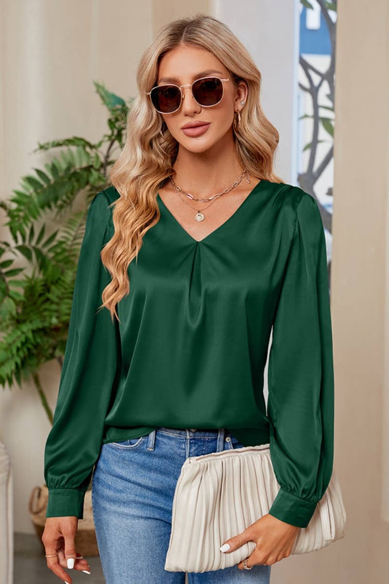 CWTBLL2445_SATIN V-NECK PLEATED LONG-SLEEVED SHIRT TOP