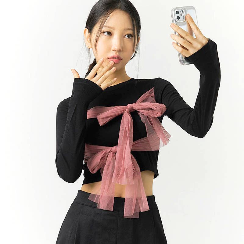 COLOR CONTRAST MESH BOW STRAP CROP T-SHIRT