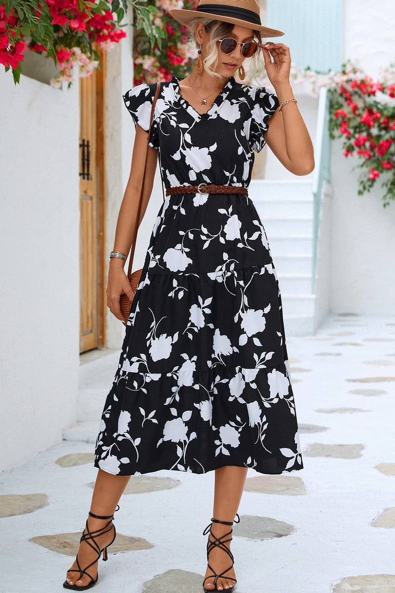 CWDMD2806_V-NECK PRINTED FLYING SLEEVE MIDI DRESS