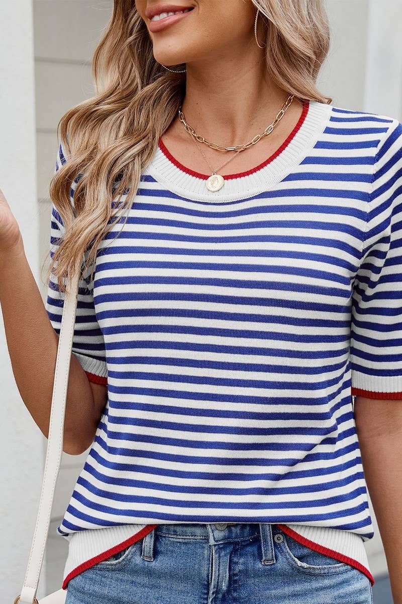 CWTBLS02495_STRIPED KNITTED ICE SILK SHORT-SLEEVED TOP