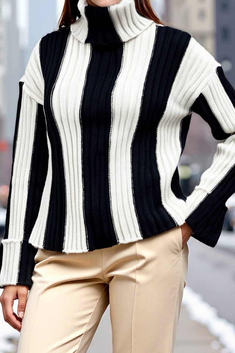 CWOSWL6947_STRIPED KNIT PATCHWORK TURTLENECK SWEATER