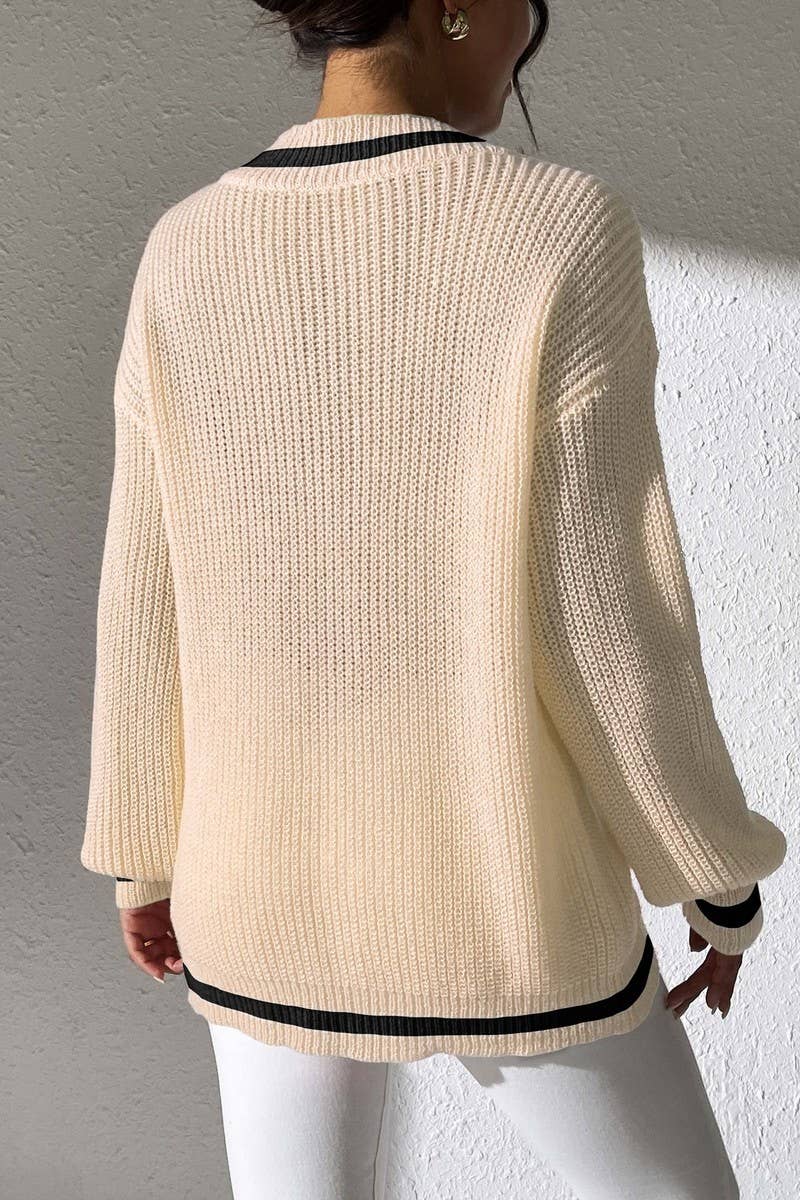 CWTSTL00988_WOMEN COLORBLOCK V-NECK LOOSE KNIT SWEATER