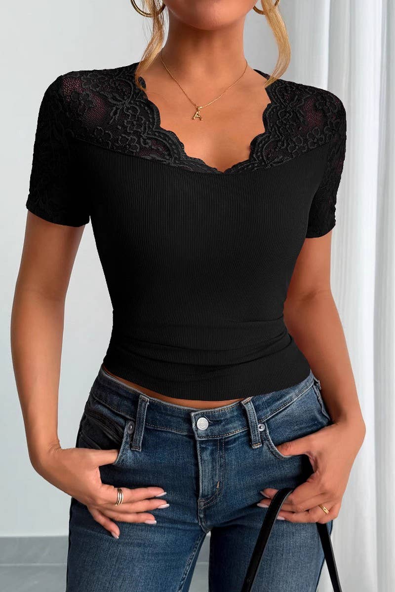CWTBLS2124_V-NECK LACE PANEL SHORT SLEEVE TOP
