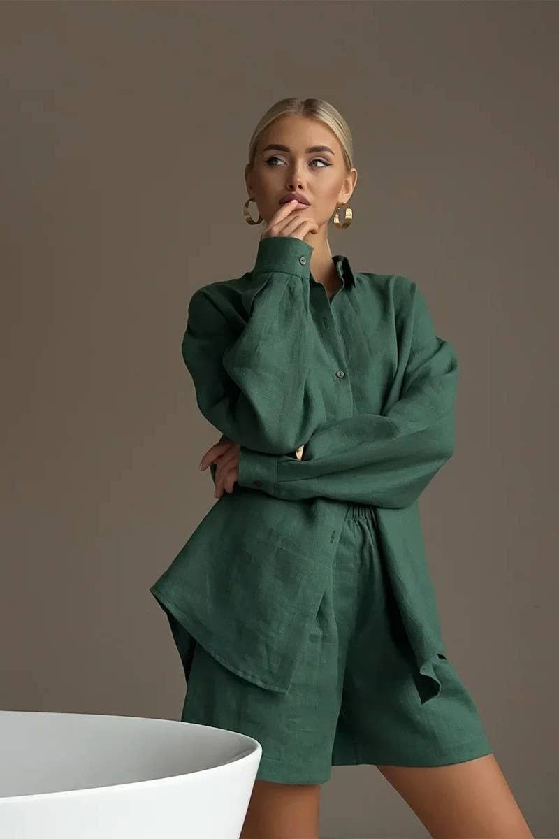 CWSTB00383_COTTON CARDIGAN LONG SLEEVE SHORTS SET