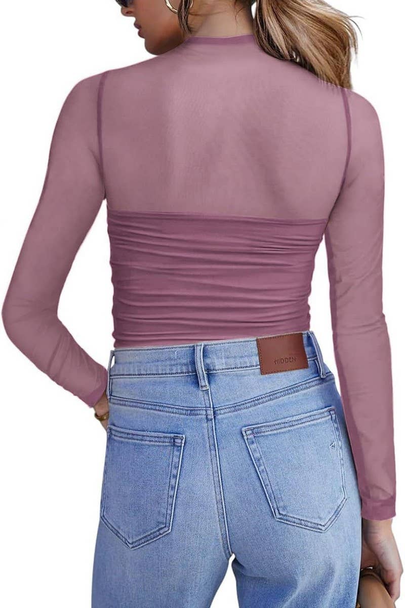 CWTBLL3695_HALF TURTLENECK SEE-THROUGH LONG SLEEVE MESH TOP