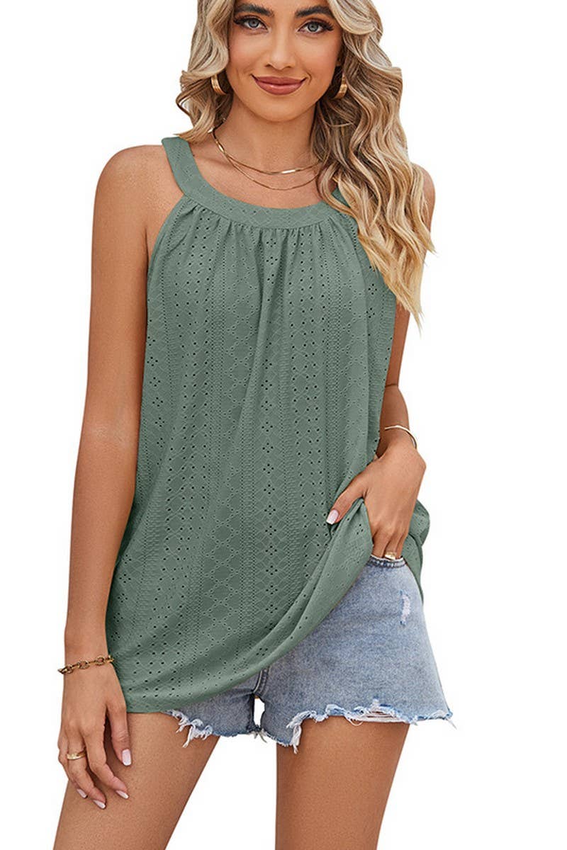 CWTBLSL0623_GATHERED EYELET SLEEVELESS CAMISOLE TOP