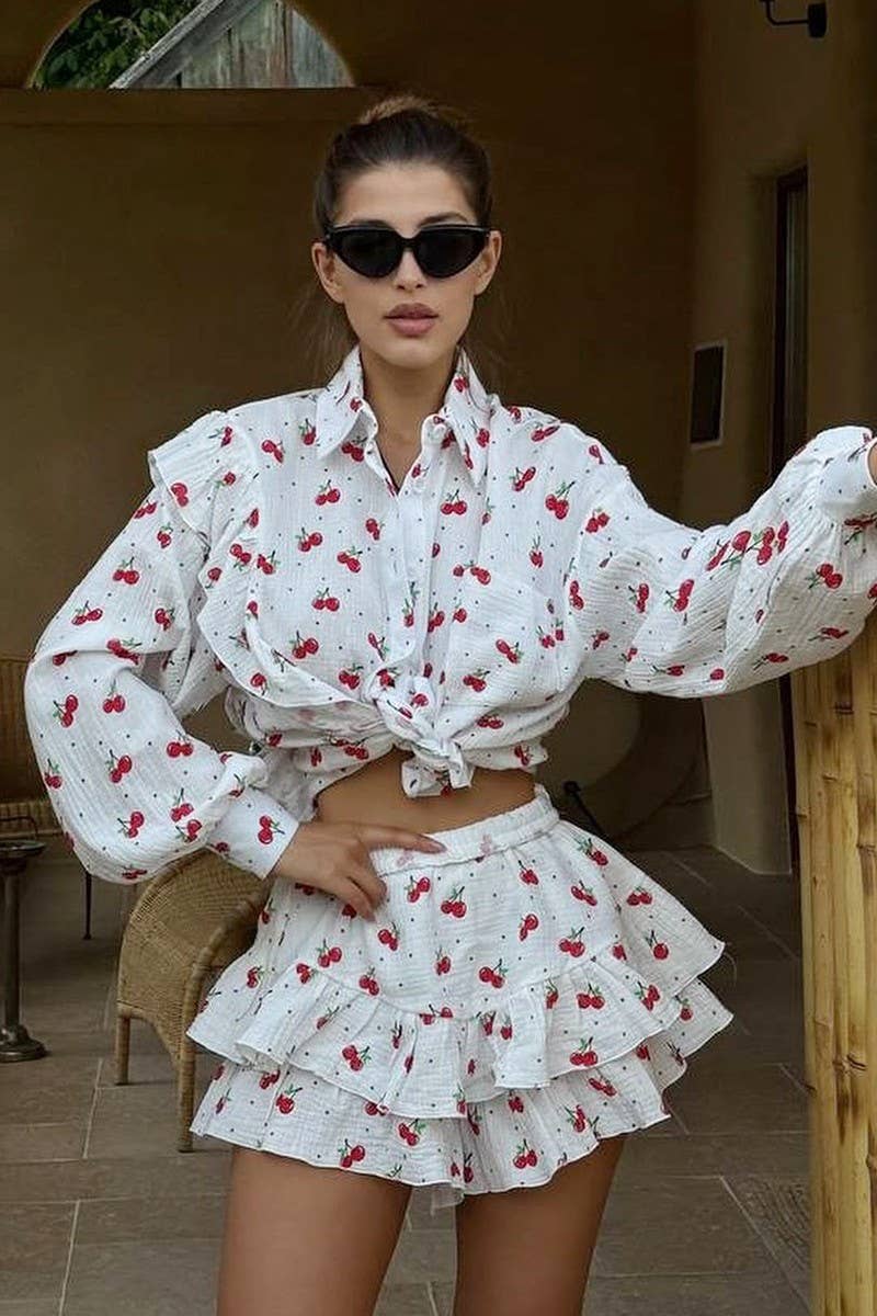 CWSTB1809_COTTON FLORAL RUFFLE SHIRT & SHORTS SET