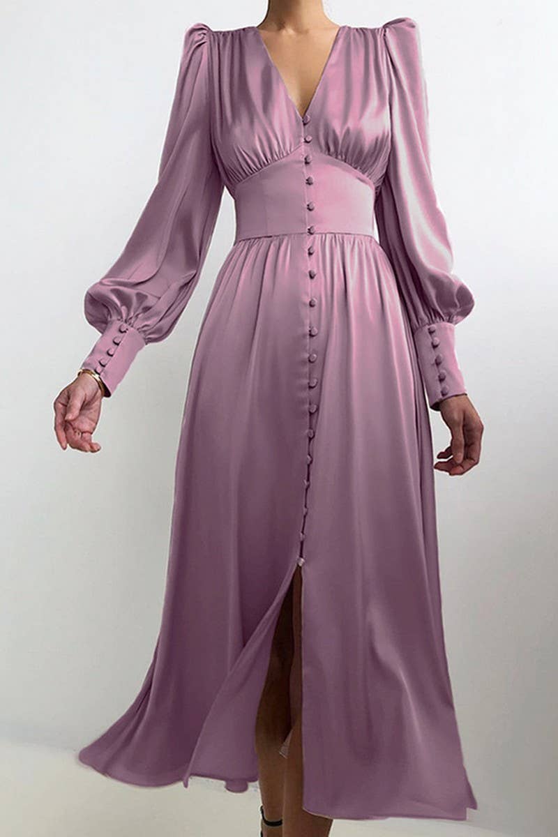 CWDMD4255_V-NECK SATIN PALACE RETRO LONG SLEEVE DRESS