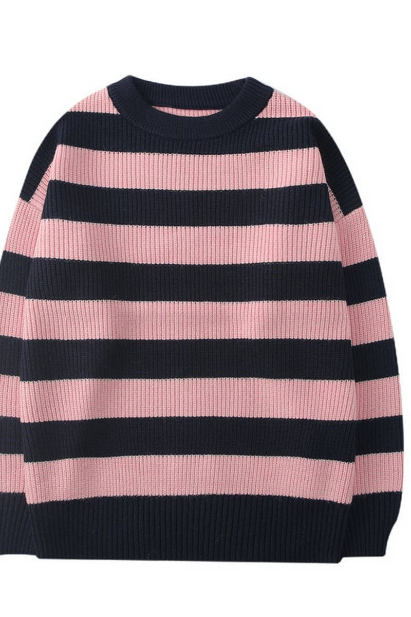 CWOSWL5737_CREW NECK LONG SLEEVE STRIPED KNIT SWEATER