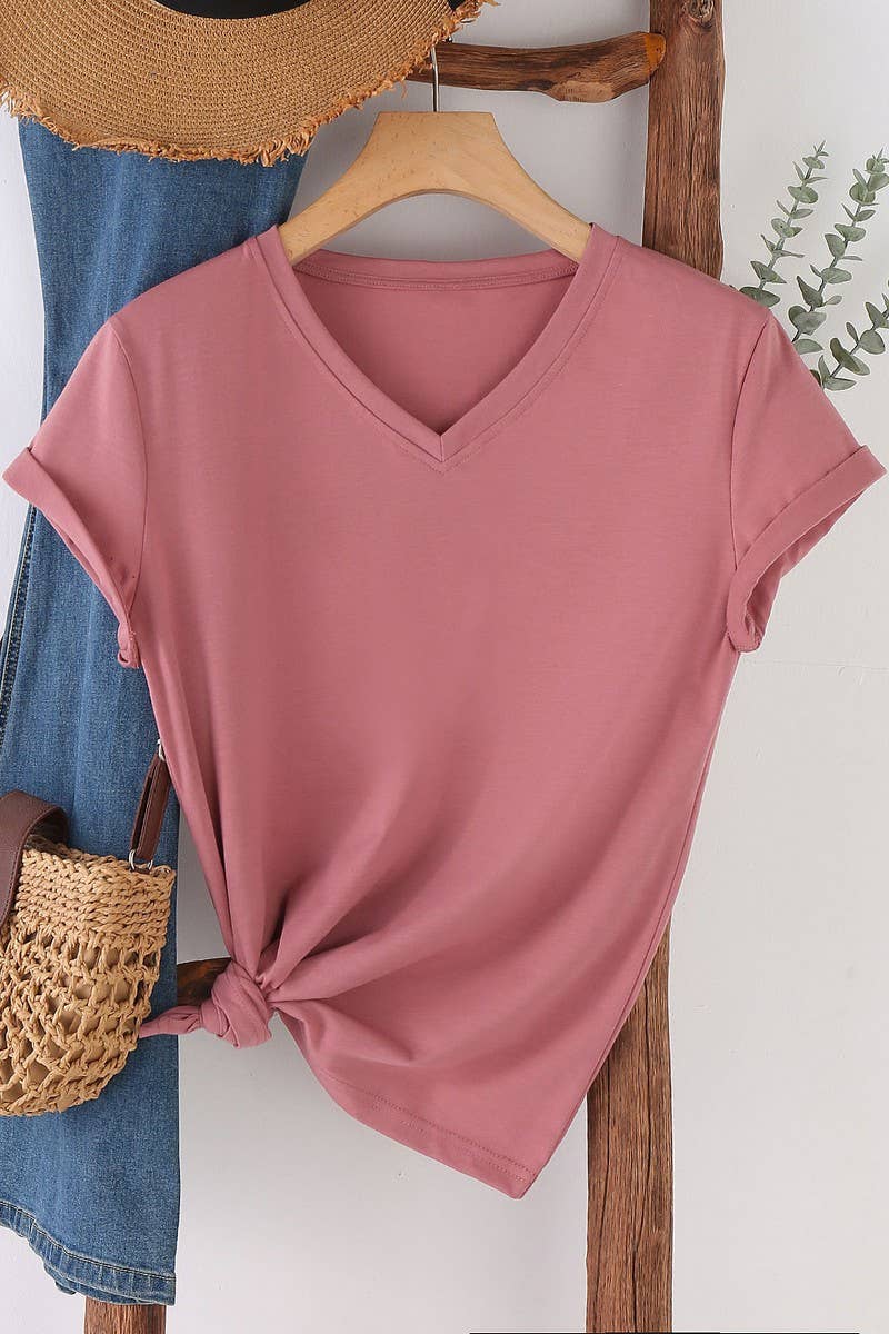 CWTTS1544_V-NECK FASHION SIMPLE SOLID COLOR SHORT SLEEVES
