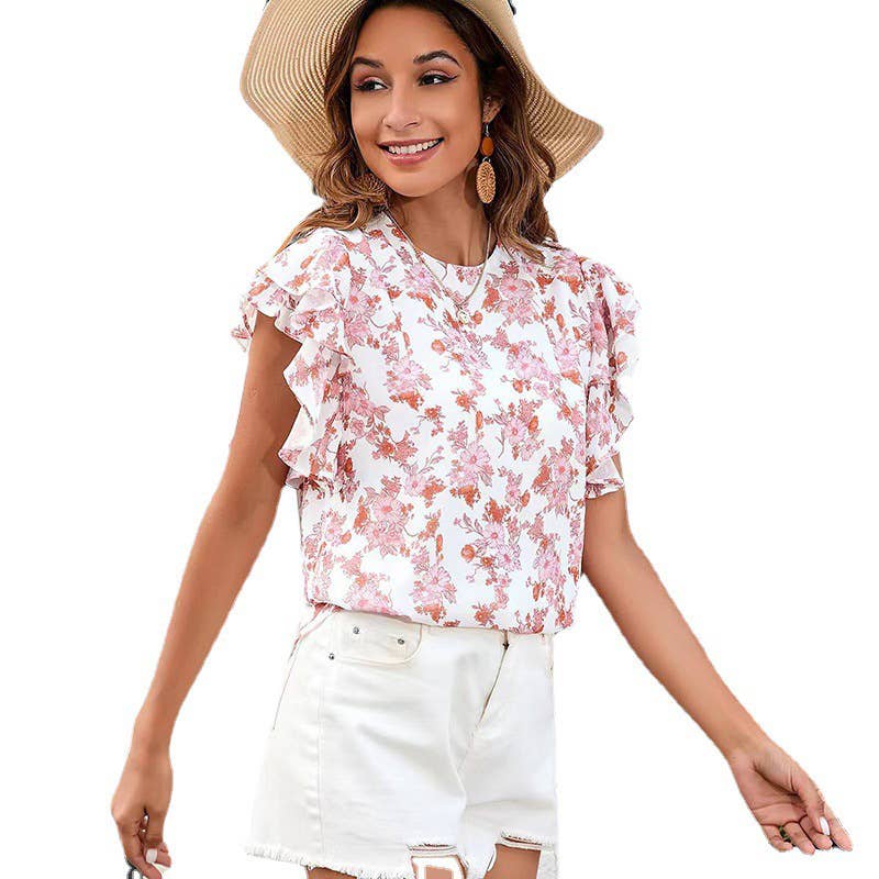 CREW-NECK PRINTED RUFFLED SHORT-SLEEVED T-SHIRT