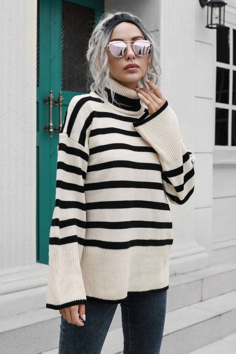 CWOSWL4082_STRIPED SIDE SLIT HIGH COLLAR MID-LENGTH SWEATER