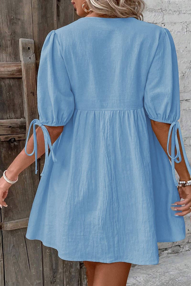 CWDSD8449_DEEP V TIE FRONT LOOSE A-LINE WOVEN DRESS