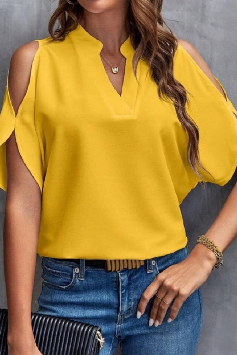CWTBLS0609_SOLID COLOR V NECK OFF SHOULDER LOOSE CHIFFON TOP