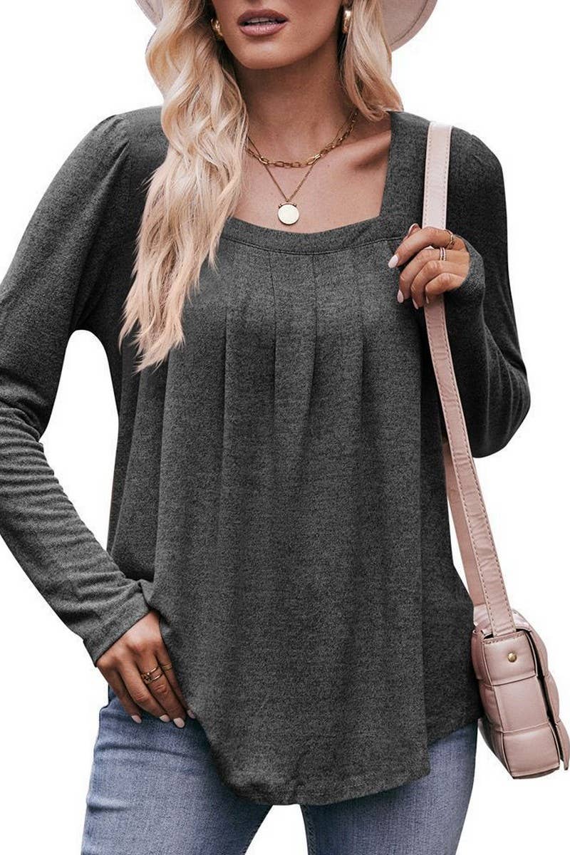 CWTBLL1836_PUFF SLEEVE SQUARE NECK PLEATED LONG SLEEVE TOP