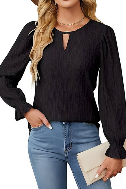 CWTBLL2851_SOLID COLOR JACQUARD ROUND NECK LONG SLEEVE TOP