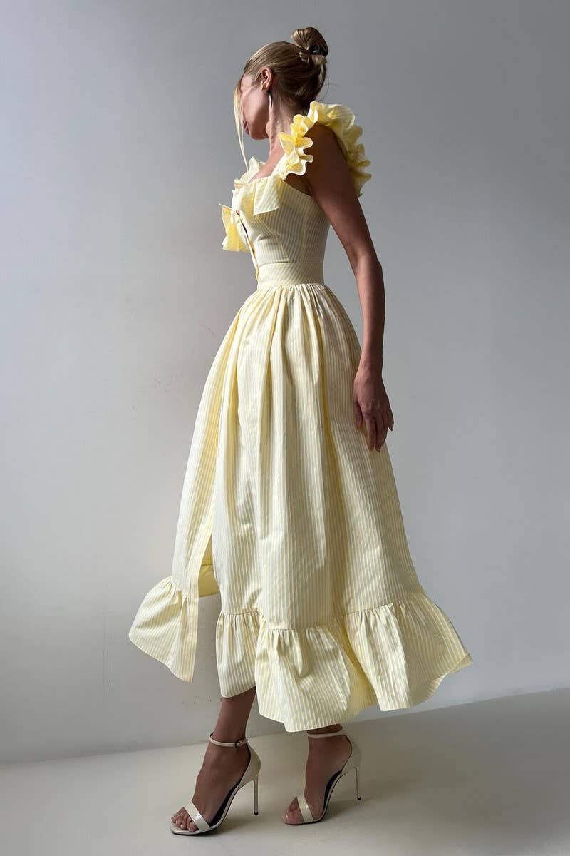 CWDHL1048_TEMPERAMENTAL COMMUTER STYLE RUFFLE STRIPED DRESS