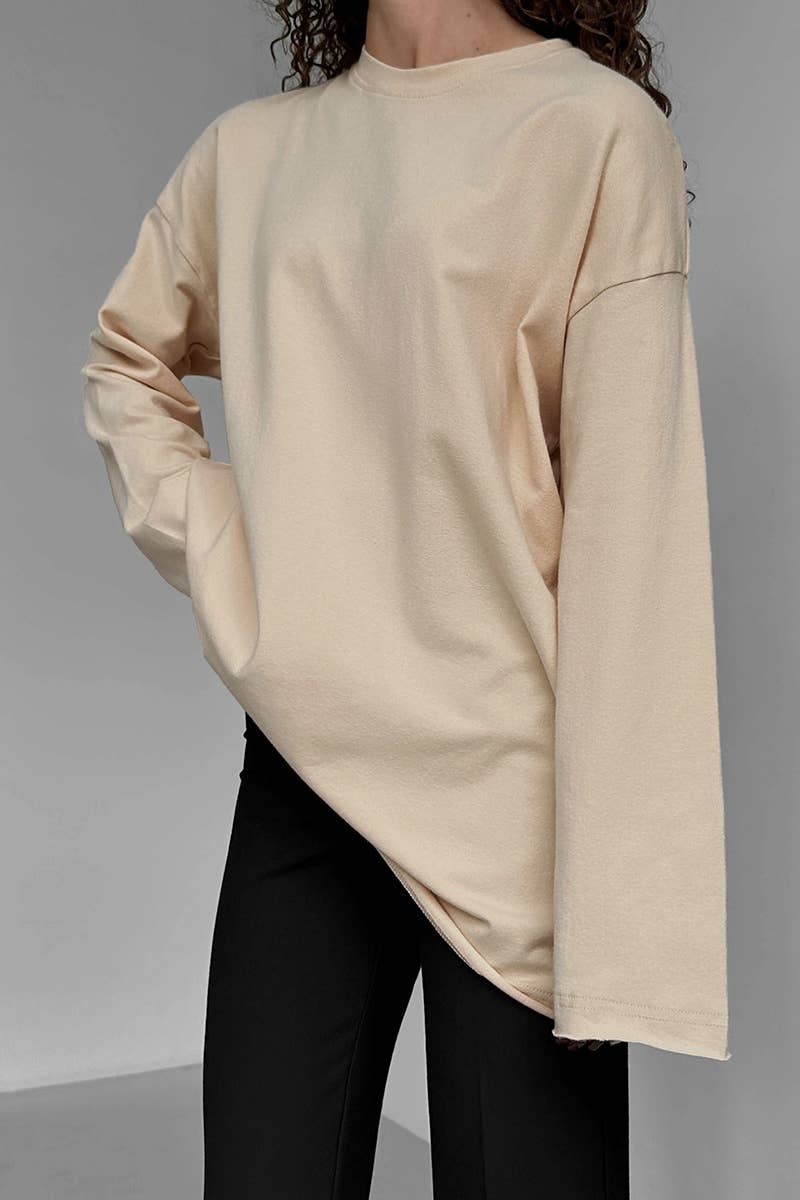 CWTBLL1730_LOOSE COTTON ROUND NECK LONG SLEEVE TOP