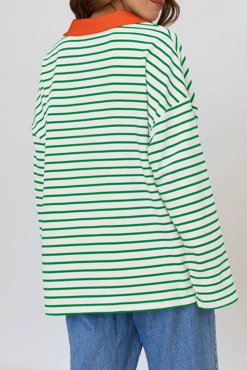 CWTBLL1811_LAPEL STRIPED V-NECK LOOSE SWEATSHIRT