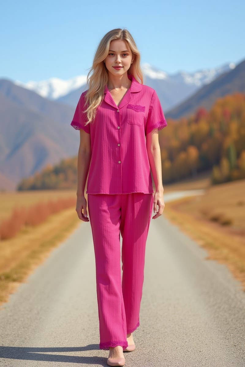 CWSPJ0427_WAVY STRIPE LACE TRIM SHORT SLEEVES PAJAMA SET