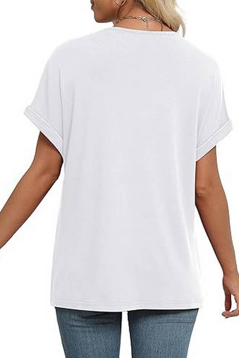 CWTBLS2191_SOLID V-NECK LOOSE BATWING SLEEVE CROP TEE