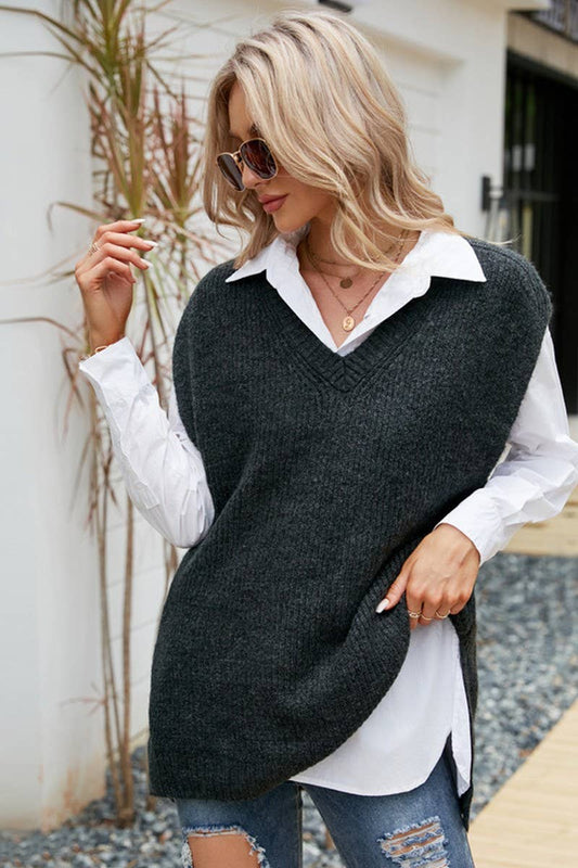 CWOSWSL0105_CASUAL MID-LENGTH SLEEVELESS V-NECK KNITTED TOP