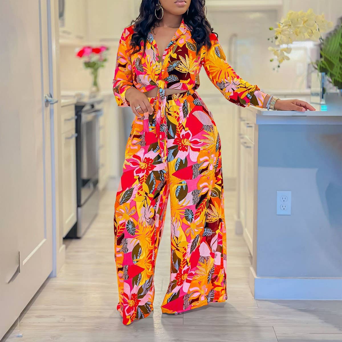 PRINTED TIE SHIRT WIDE-LEG PANTS TWO-PIECE SET_CWSTB1139
