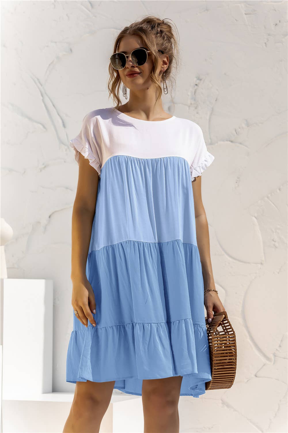 Color contrast baggy cake multi-layer hem dress