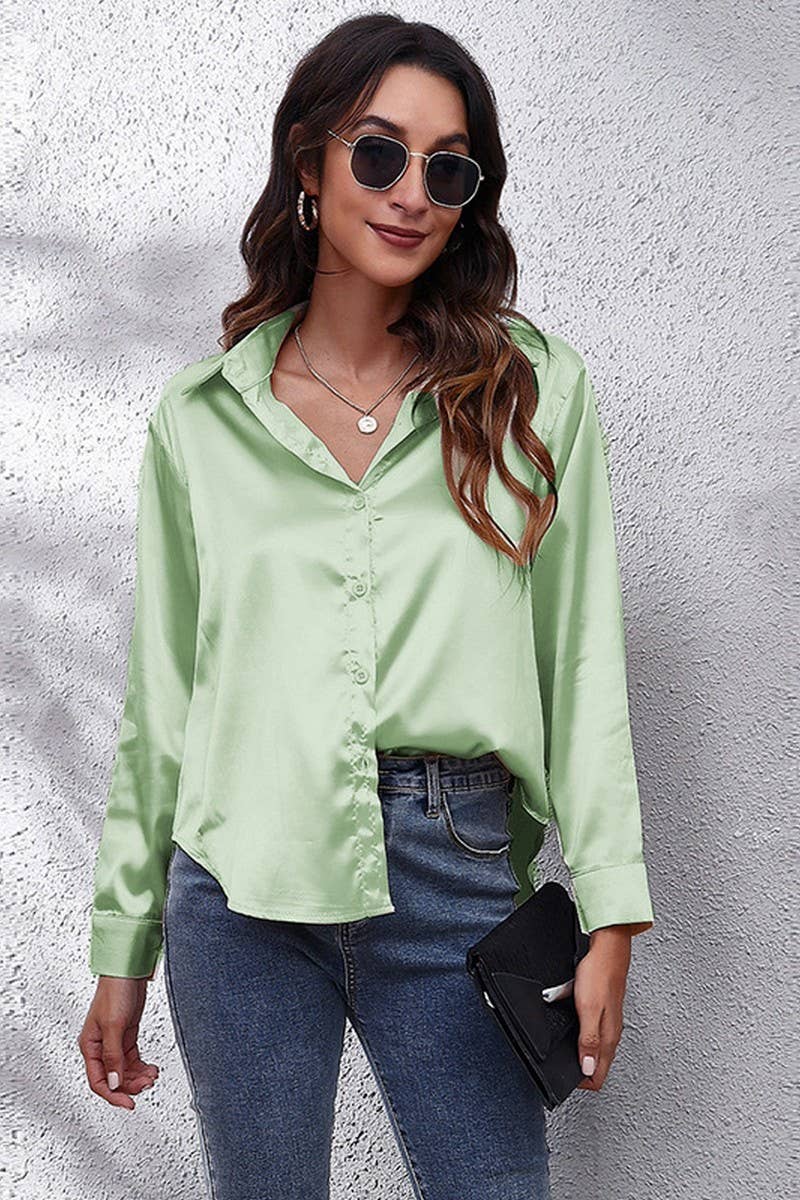 CWTBLL0691_Button Down Silky Satin Long Sleeve Top