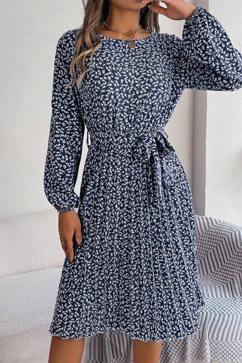 CWDSD4657_LONG-SLEEVED FLORAL PLEATED ONE-PIECE SKIRT