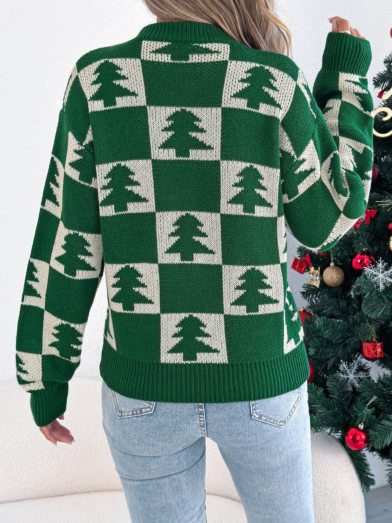 Christmas tree checkered long-sleeved sweater