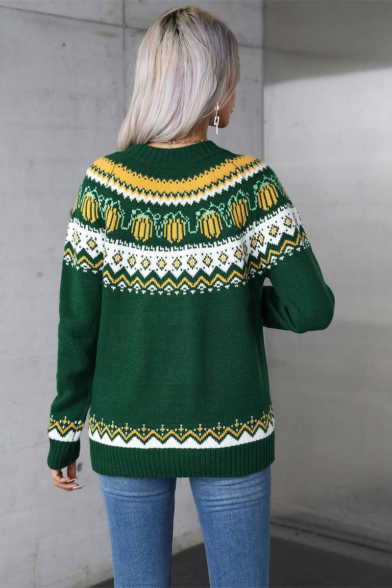 CWOSWL5755_HALLOWEEN CREW NECK FESTIVE KNIT SWEATER