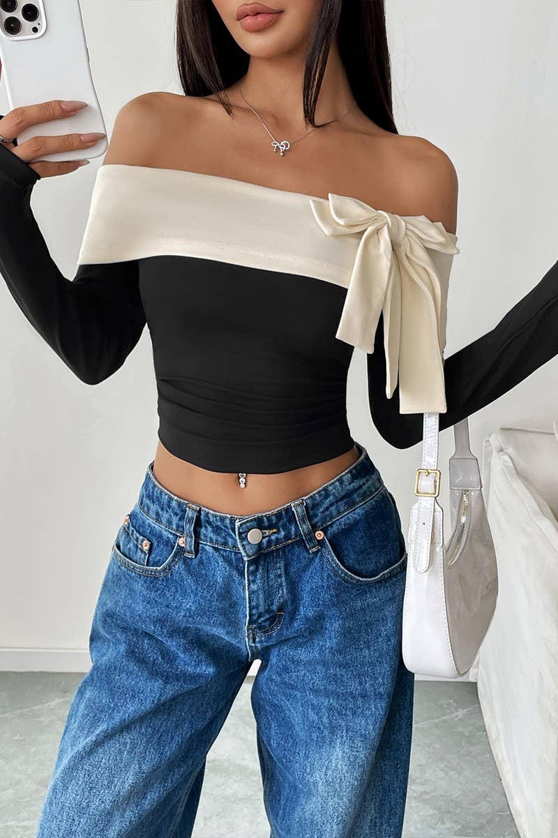 CWTBLL3271_OFF-THE-SHOULDER BOW TIE LONG-SLEEVED T-SHIRT TOP