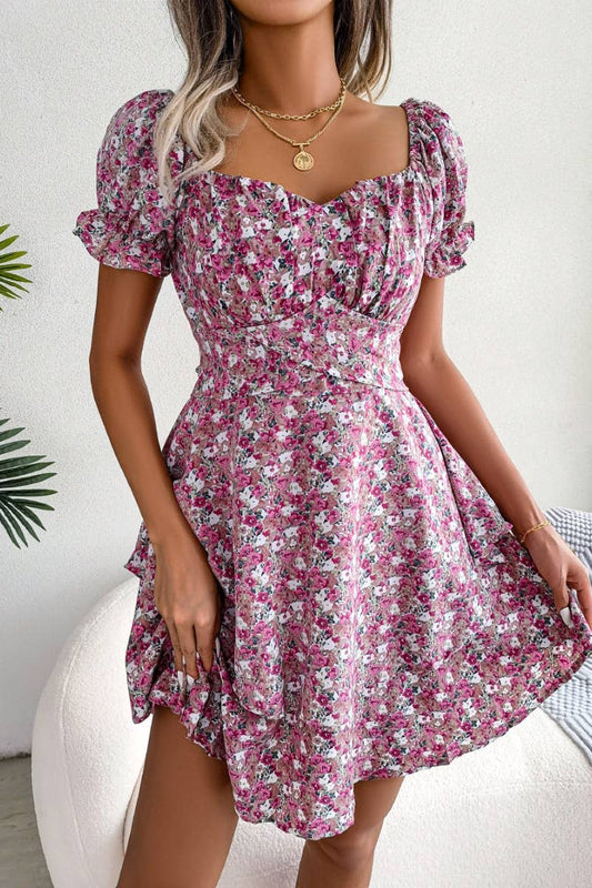 CWDSD4633_SUMMER FLORAL LACE-UP DRESS WITH WAIST SWING