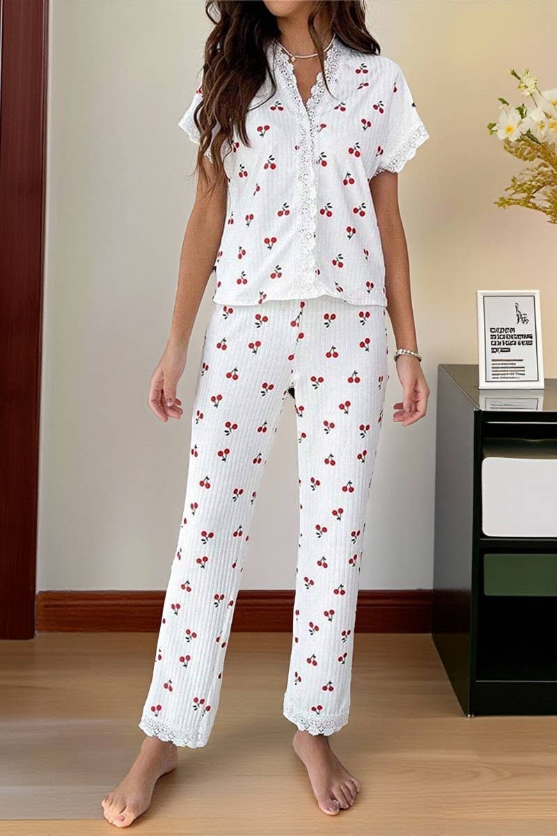 CWSPJ00468_CHERRY PRINT LACE TRIM SHORT SLEEVE PAJAMA SET