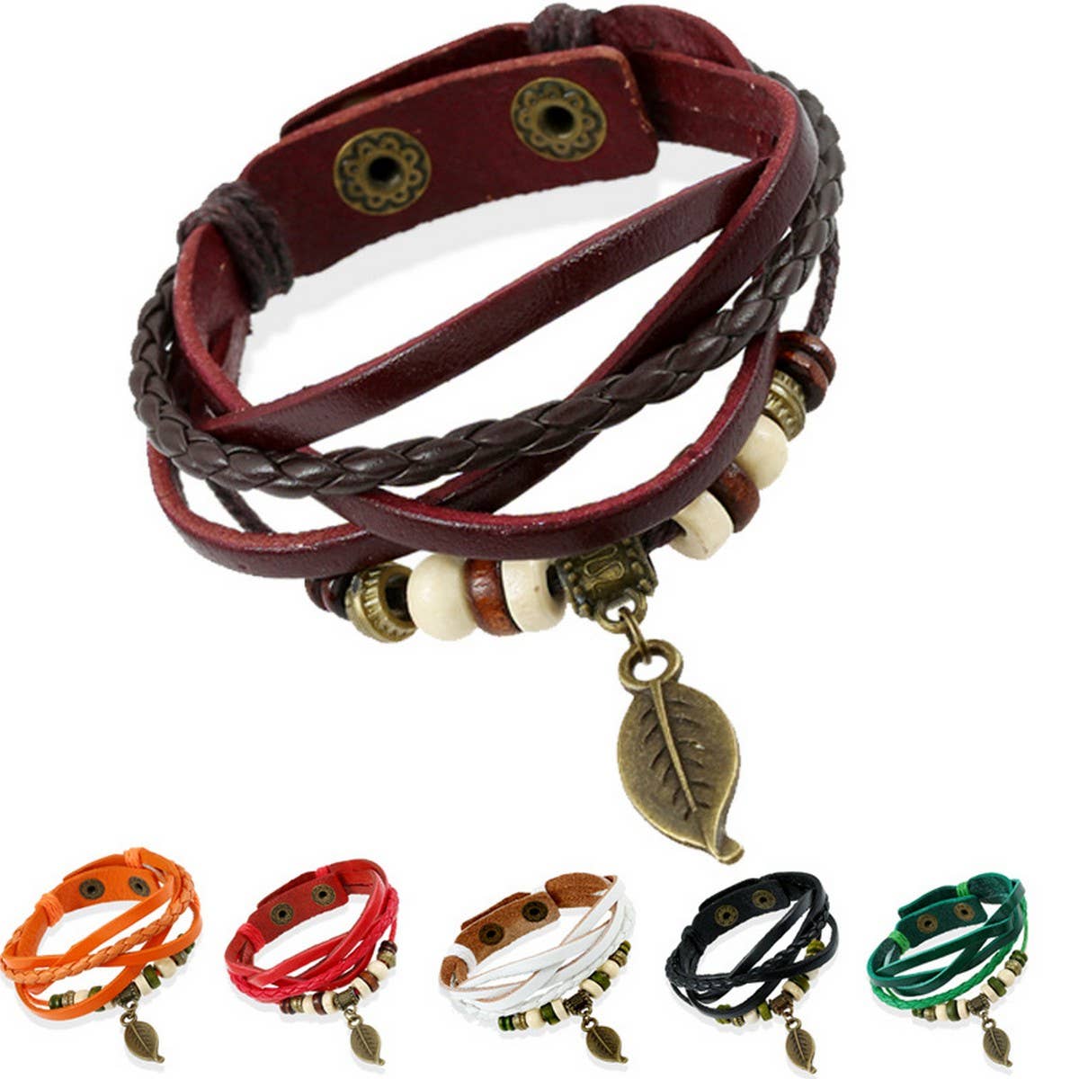 NEW WOVEN VINTAGE LEAF PENDANT COWHIDE BRACELET_CWMM4513