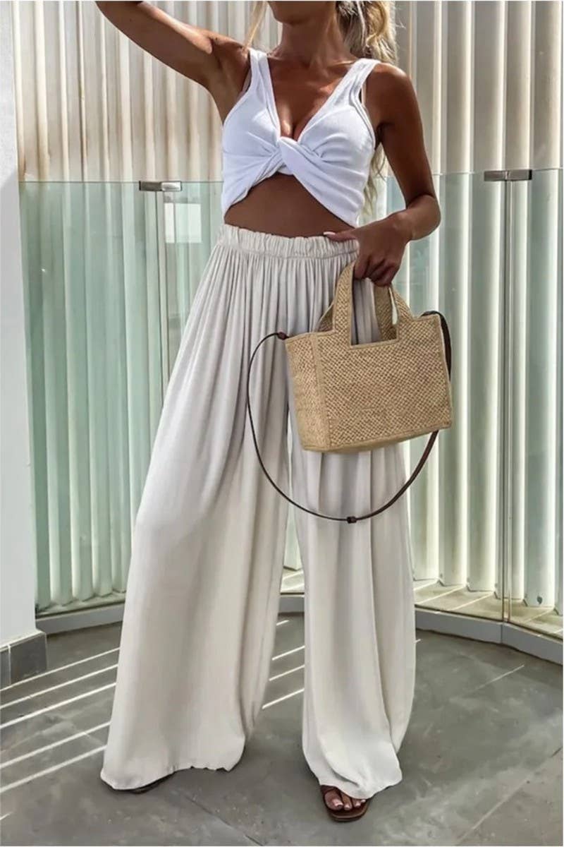 CWBLP1860_SOLID COLOR LOOSE POCKET CASUAL WIDE-LEG PANTS
